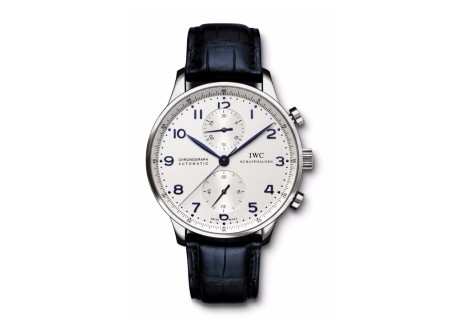 White IWC Schaffhausen watch with blue indices and alligator leather strap