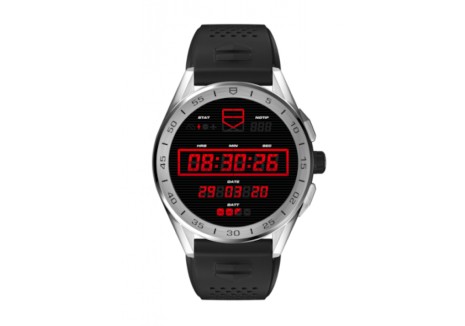Black and silver watch with red digital numerals