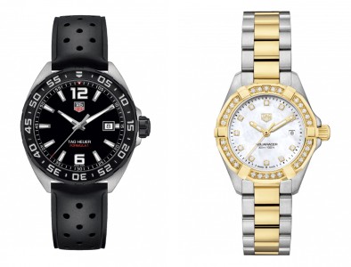 On the left, a black and silver men?s watch with a rubber strap. On the right is a stainless steel and yellow gold women?s watch with a mother of pearl dial and diamonds on the face. Both TAG Heuer