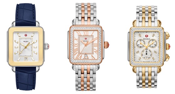 Three Michele watches with yellow and white gold details, diamond and rose gold features and multiple complications
