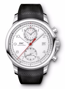 Black rubber band and sterling silver case on this IWC Schaffhausen watch that is highly water resistant and a stylish sport watch