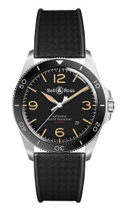 Smooth black satin band with a matching dial and details on the silver case by Bell & Ross