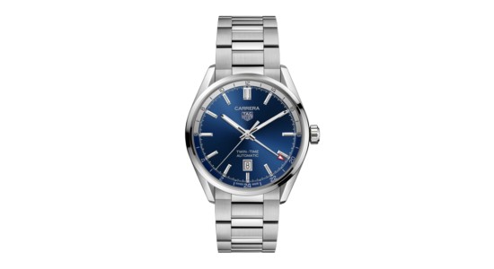 Silver TAG Heuer Carrera watch with a blue dial