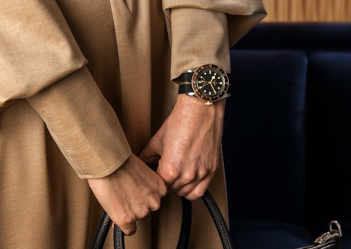 A person holding a designer bag, a luxury watch on their wrist.