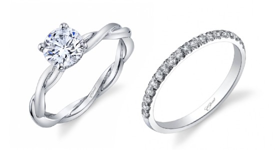 a solitaire engagement ring next to a prong set diamond wedding band