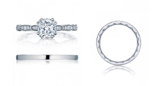 a princess cut engagement ring and two alternate views of the same wedding band