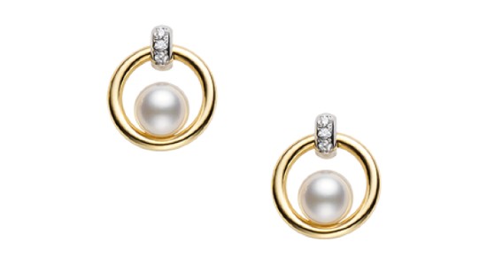 A mixed metal pair of Mikimoto pearl earrings with diamond accents, available at BENARI JEWELERS.