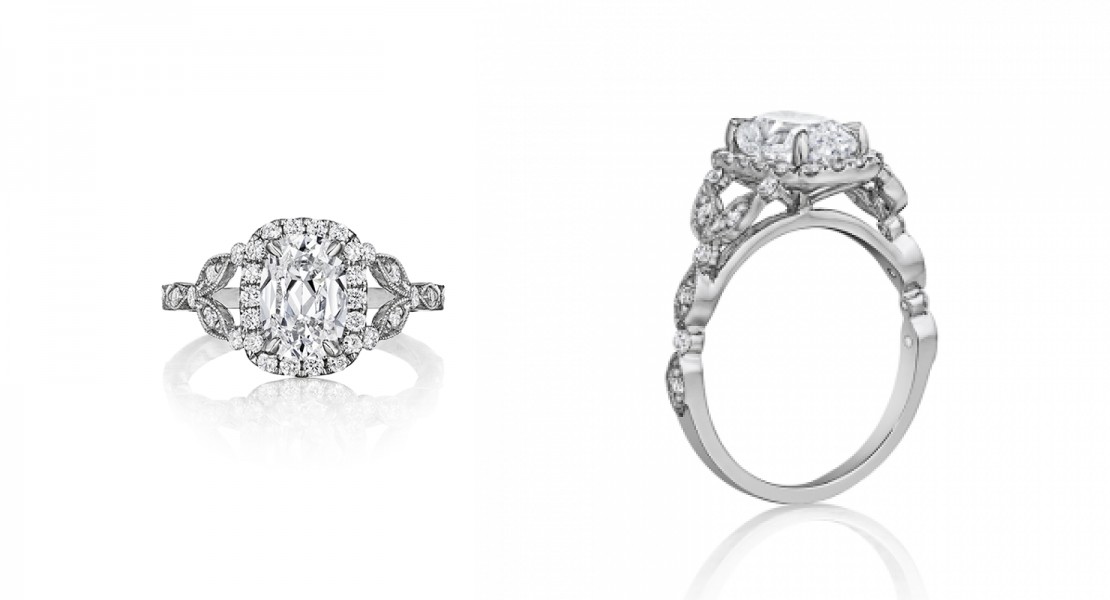 Two views of a Henri Daussi engagement ring, available at BENARI JEWELERS.