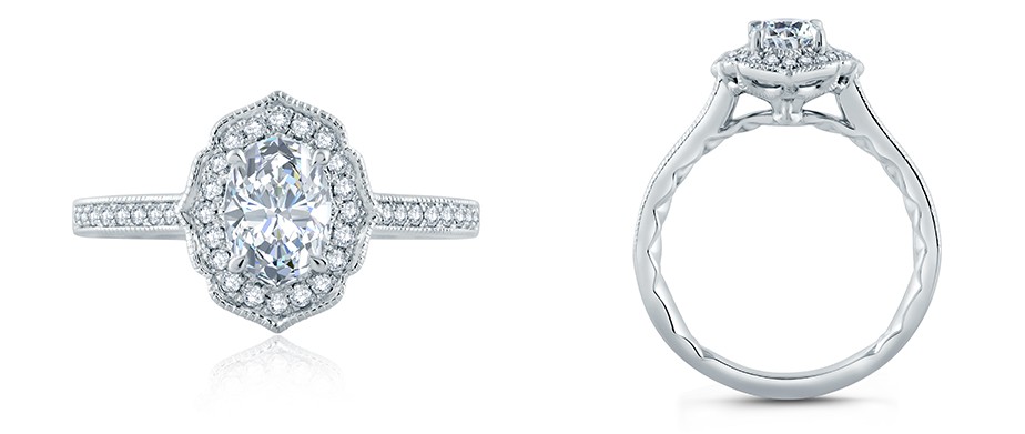 Two views of an A.JAFFE art deco engagement ring, available at BENARI JEWELERS.