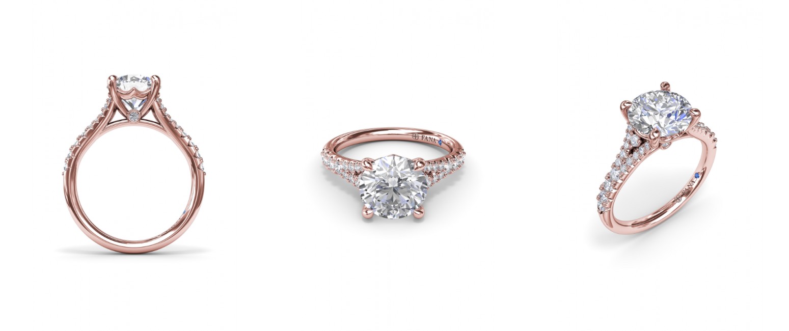 Three views of a Fana rose gold split shank engagement ring, available at BENARI JEWELERS.