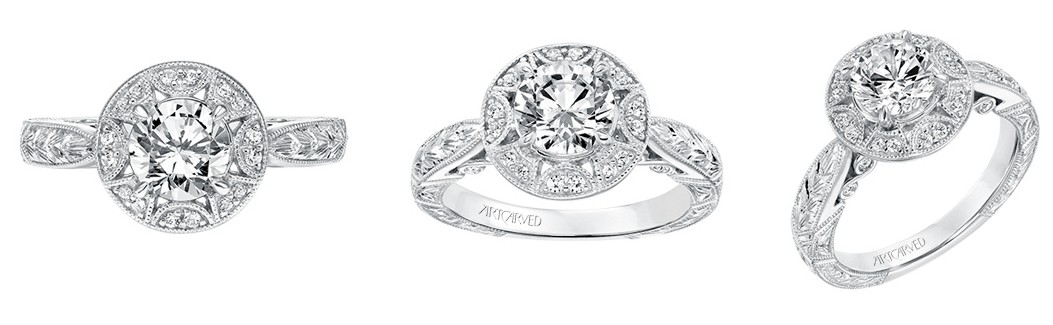 Three views of an ArtCarved engagement ring, available at BENARI JEWELERS.